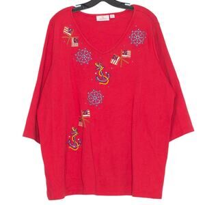 Quacker Factory Top 3/4 Sleeve Patriotic Nautical Coastal Grandma Sailor Red 3X